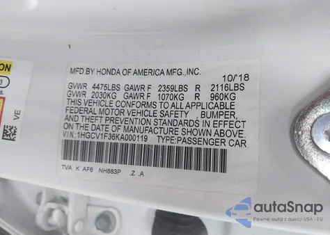 2019 Honda Accord Sport z USA, uszkodzony, nr VIN 1HGCV1F36KA000119